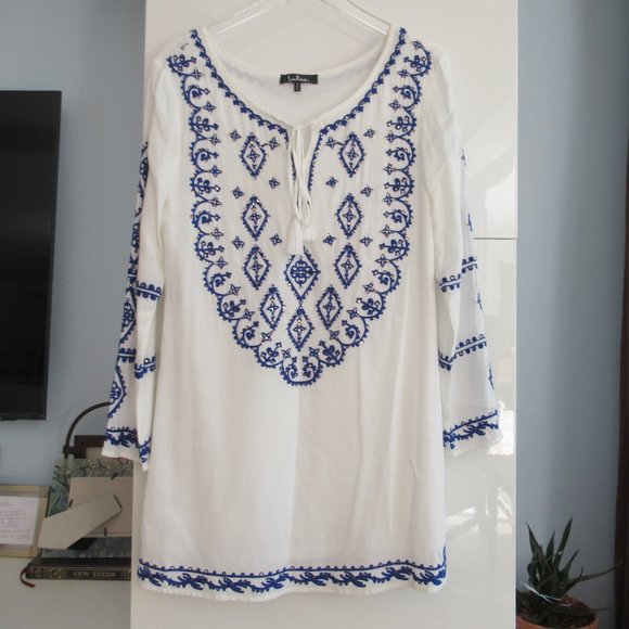 Lulus Womens Sz. S Long Sleeve Embroidered Tie Neck Boho Mini Dress White Blue - Picture 2 of 12